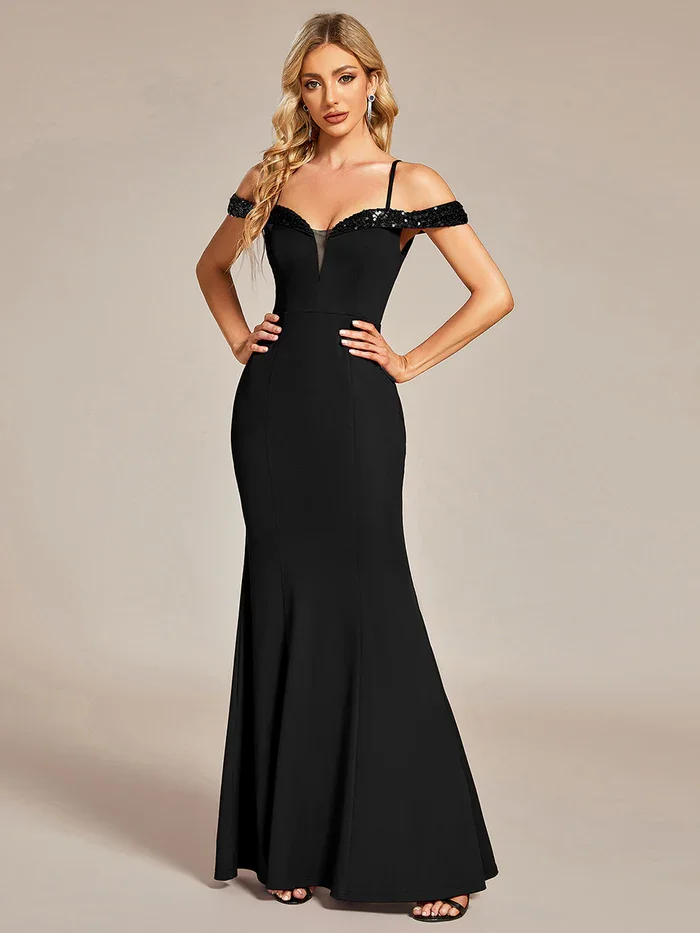 

Ever Pretty Women's Elegant Spaghetti Straps Off Shoulder Mermaid Elegant Sequin Tight fitting Sleeve Evening Dress