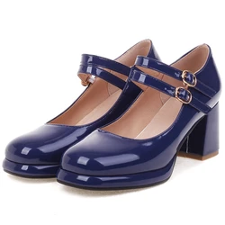 Elegant High Heels Pumps Women's Mary Janes Shoes Large Size 45 Strap Black Blue Red Pink White Block Heeled Party Wedding Shoes