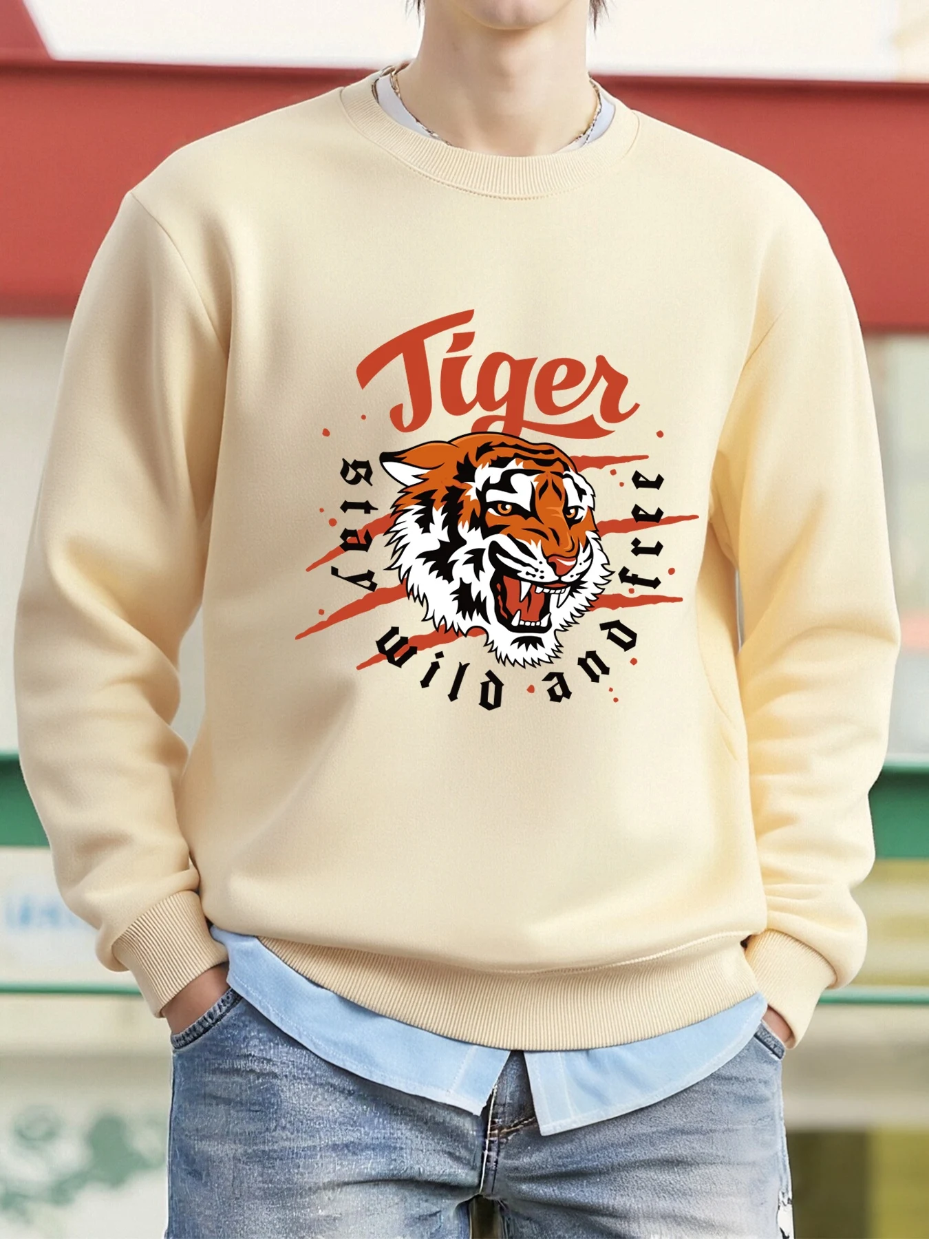 

Мужские пуловеры с тигром Stay Wild и свободным узором, флисовая толстовка в стиле хип-хоп, повседневная одежда, осенняя спортивная одежда с круглым вырезом, модные топы