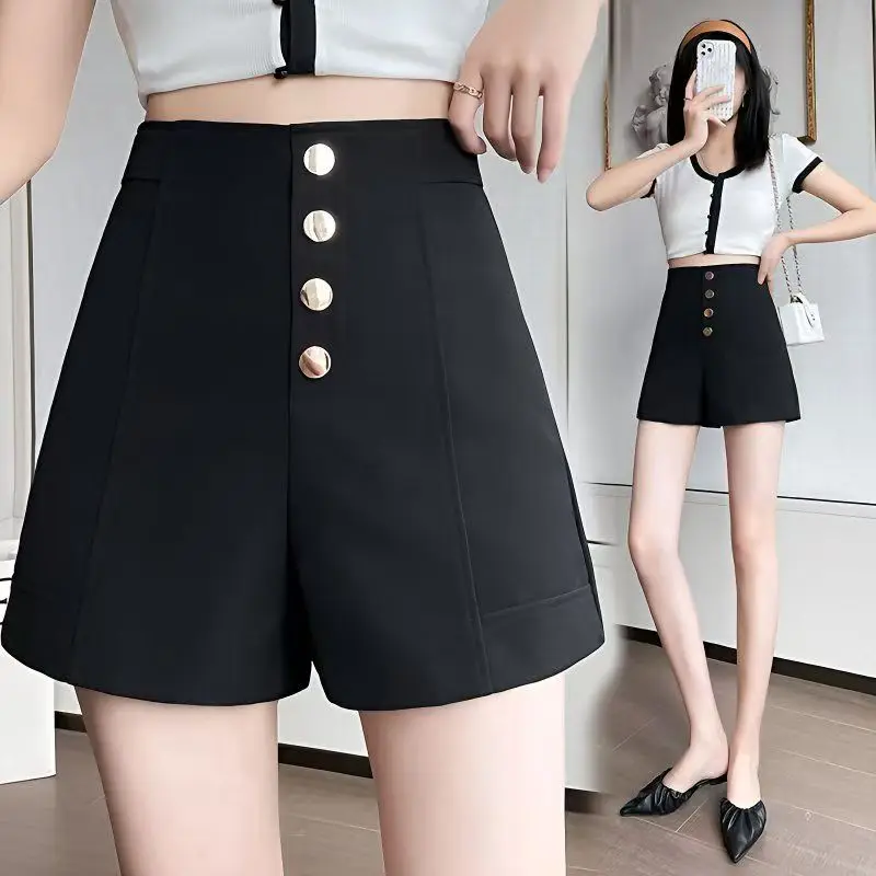 

Black Shorts Women Spring Summer New Wide Leg Pants High Waist Single BreastedAApricot casual hot pants