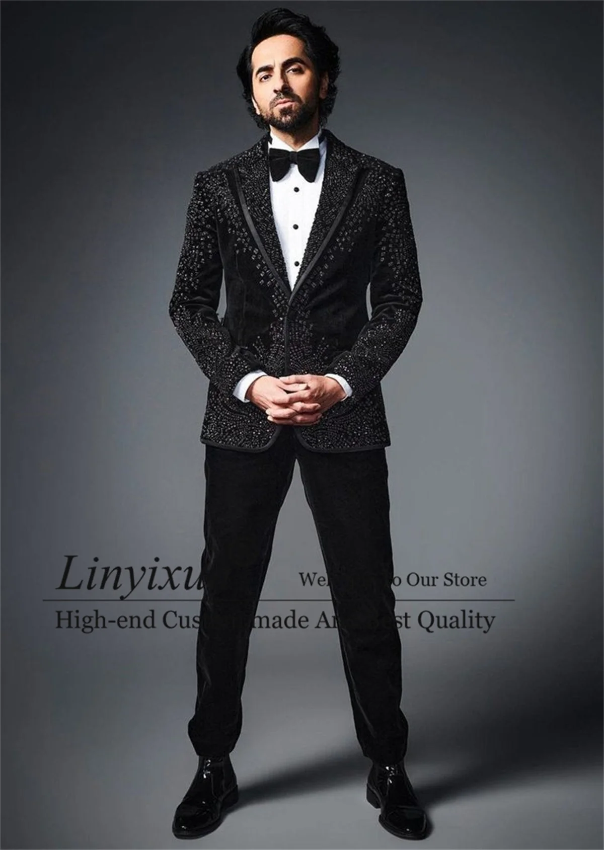 Formal Black Men Suit Luxury Beaded Crystals Wedding Groom Tuxedo 2 Pieces Sets Male Prom Blazer Customized trapstar Ropa hombre