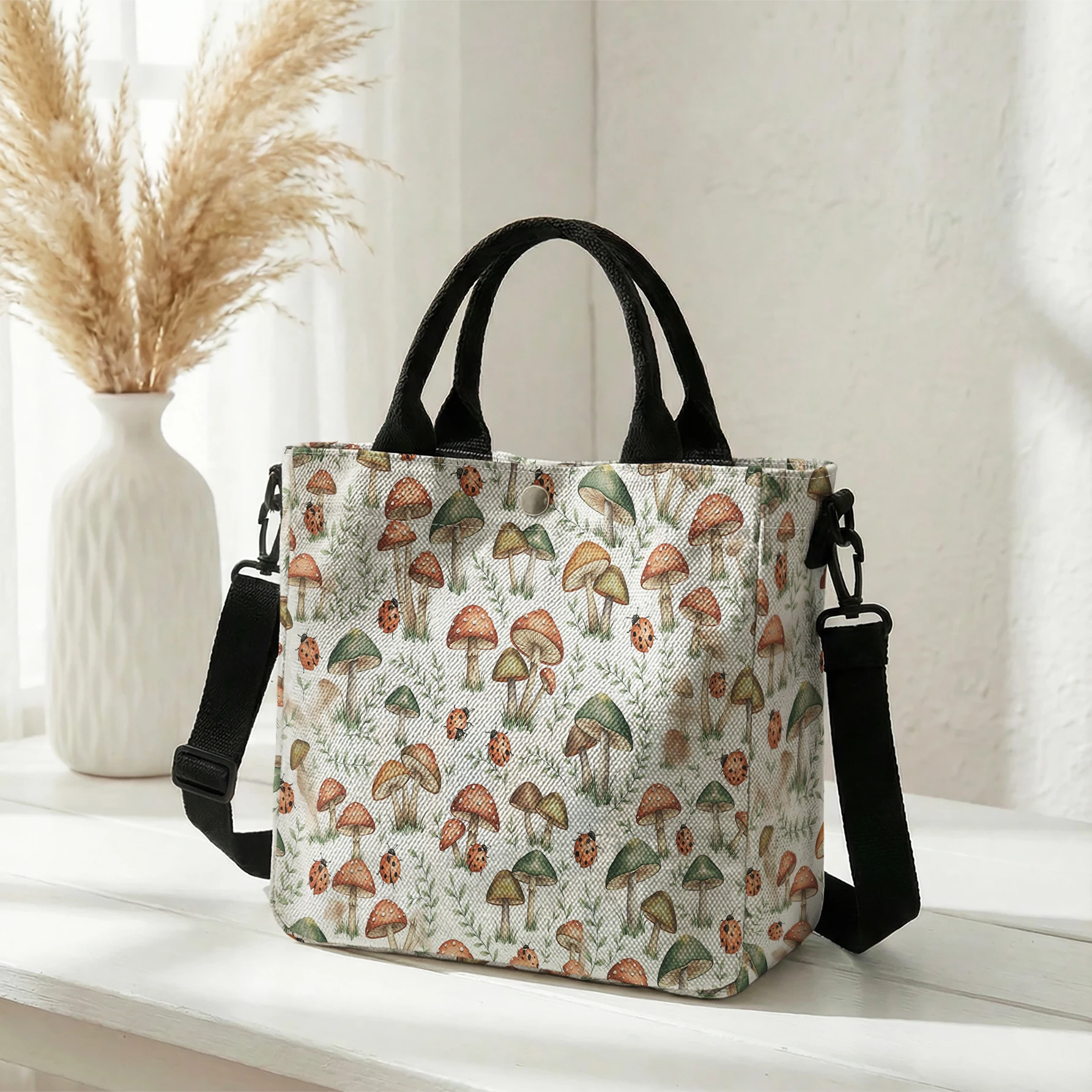 Mushroom Ladybug All Over Print Tote Bag, Detachable Strap Crossbody Handbag For Daily Work Shopping