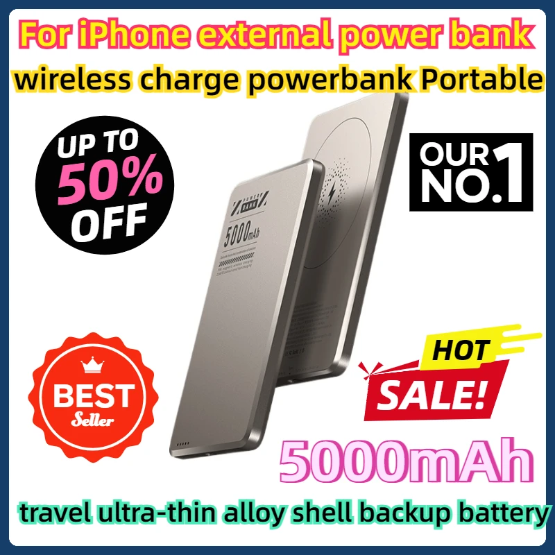 For iPhone external power bank wireless charge powerbank Portable travel ultra-thin alloy shell backup battery