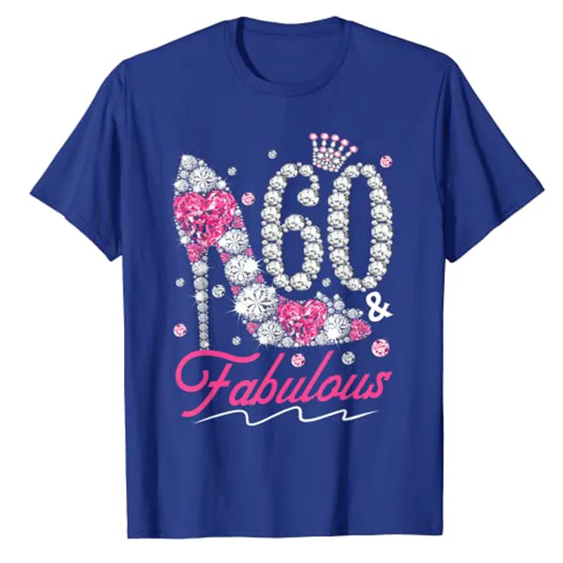 60th Birthday 60 & Fabulous Pink 60 Years Old Diamond Shoes T-Shirt Women\'s Fashion Mama Grandma Nana Queen Tee Tops B-Day Gifts