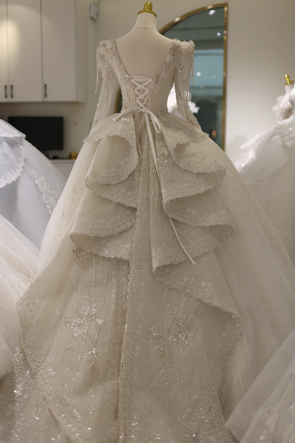 Sharon disse luxo 3d flores rendas mangas compridas vestido de casamento elegante decote quadrado vestido de baile vestidos de noiva rs007 personalizado