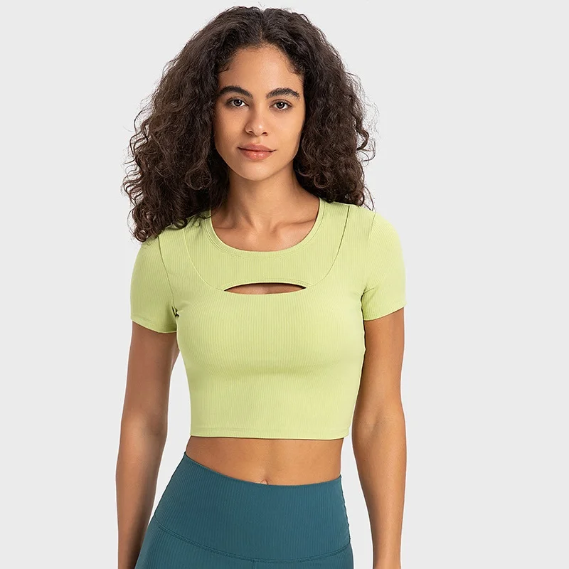 

Solid Color Hollow Sexy Rib Short Sleeve Women Fitness Tight Short Shirt Soft Top Yoga T-Shirt Comprehensive Training Gym Jog