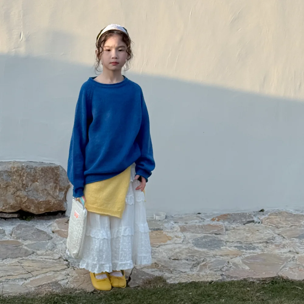 

2025 Korean Spring Children Girls Sweater Pure Candy Color Infant Baby Girls Pullovers Loose Round Collar Toddler Girls Knitwear