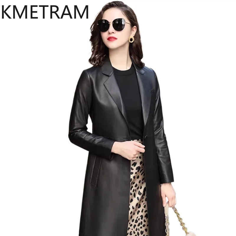 KMETRAM Natural Sheepskin Genuine Leather Jacket Black Slimming Coats for Woman 2025 Autumn Mid Length New Outerwears ropa mujer