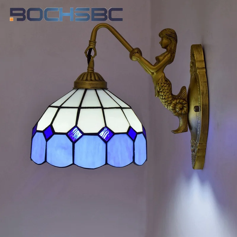 

BOCHSBC Tiffany style retro stained glass blue lattice Mediterranean wall light Dining room bedroom headboard corridor LED decor