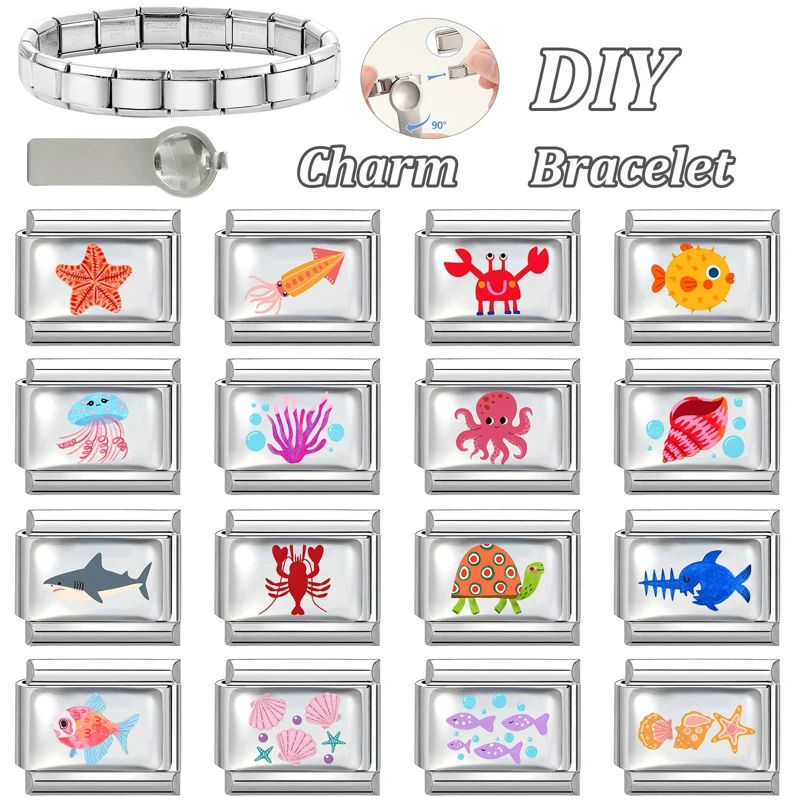 New Cute Marine Organisms Crab Fish Charm Italian Links Fit 9mm Bracelet Stainless Steel Women Making DIY Jewelry Gift Wholesale