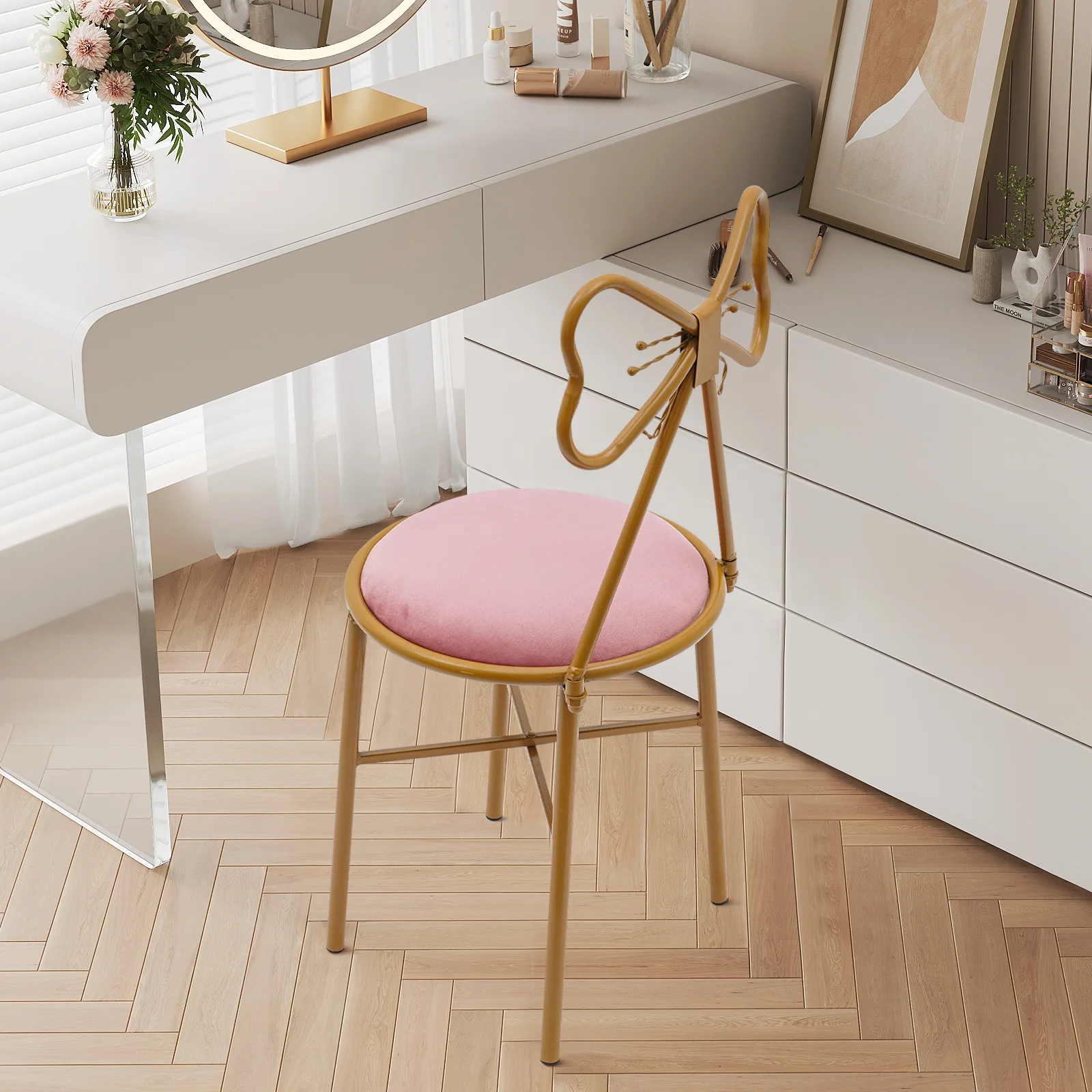 

Butterfly Backrest Chair Vanity Stool Pink Velvet Stool Chair Makeup Chair for Restaurants, Living Rooms, Bedrooms, Lounge Rooms