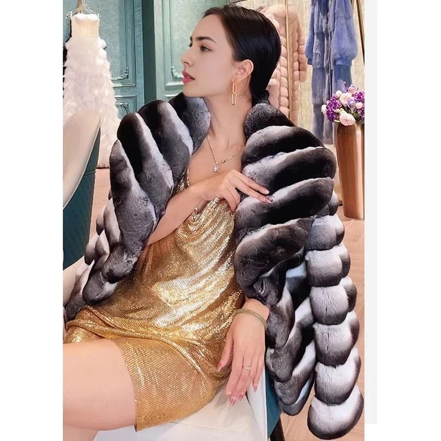 本物の女性のウサギの毛皮のコート,チンチラジャケット,ナチュラル,ショート,フワフワ,ベストセラー