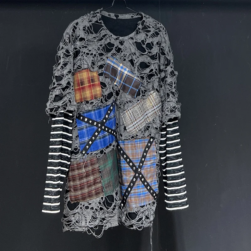 2026 Japanese version of Kill Mateya culture splicing Striped fake two pieces casual hole men's long sleeved T-shirt top