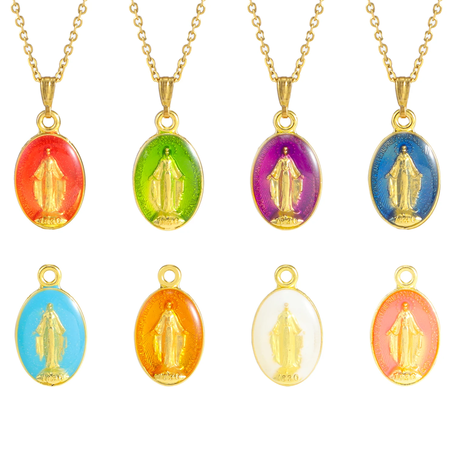 16pcs Gold-Plated Oval Pendant Connector Catholic Virgin Mary Medal Three Hole Charm For Handmade Rosary DIY Medal Pendant