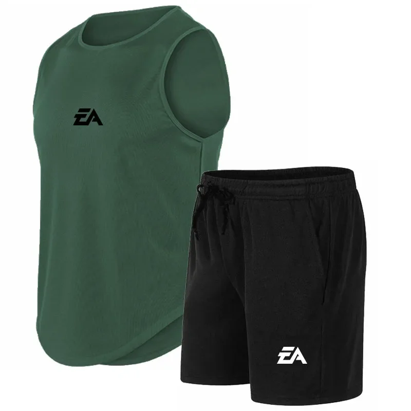 

summer 2 Pcs/Set Sports Set Men's Suit Running Vest+Sport Shorts Jogging Mens Sportswear Suit Fitness quick-drying Gym Sets
