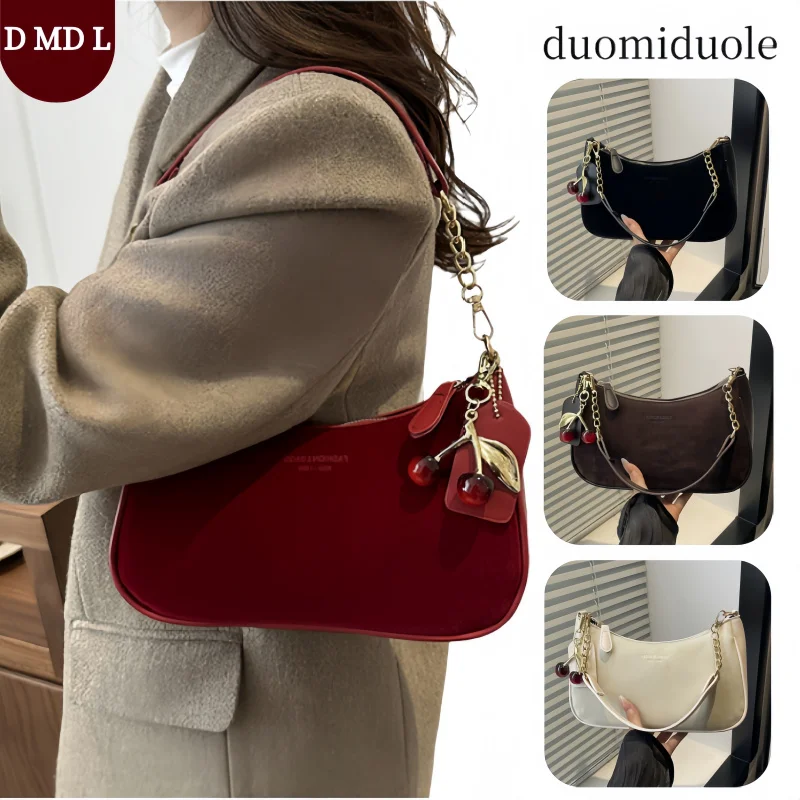 

2026 Spring Trendy Retro Faux Suede Burgundy Red Women's Chain Strap Charm Hobo Underarm Shoulder Bag Ready Stock