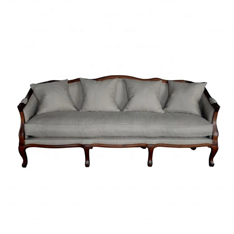

French Provincial Antique Home Hotel Furniture Living Room Fabric Cushion Loveseat Hand Carved Solid Oak Wood Frame Sofa