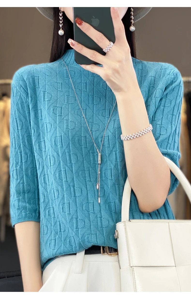 Women New Soft Diamond Letter Design Sweater Half-high Collar Three Quarter Sleeve Pullover Spring Summer Casual Knit Slim Top