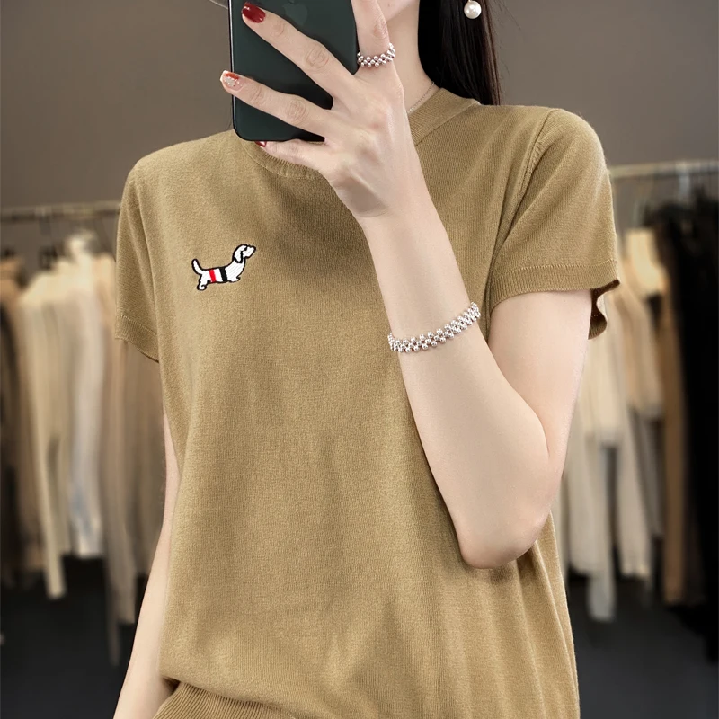 Summer new ultra-fine wool round neck short sleeved knitted sweater for women's embroidery, simple and casual thin T