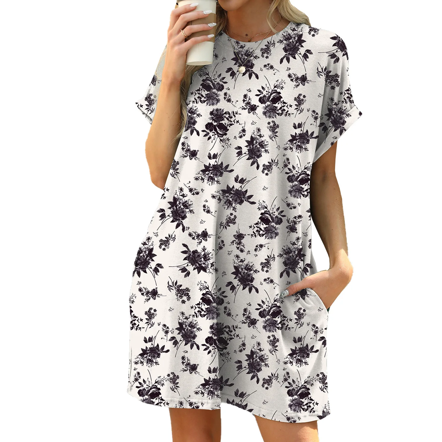 Women Short Sleeve Loose T Shirt Pockets Printed Dresses Round Neck