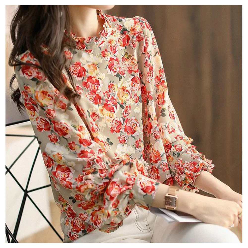 French collar printed chiffon lantern long sleeved shirt for women in the spring and autumn of 2025, new style edge pleated top
