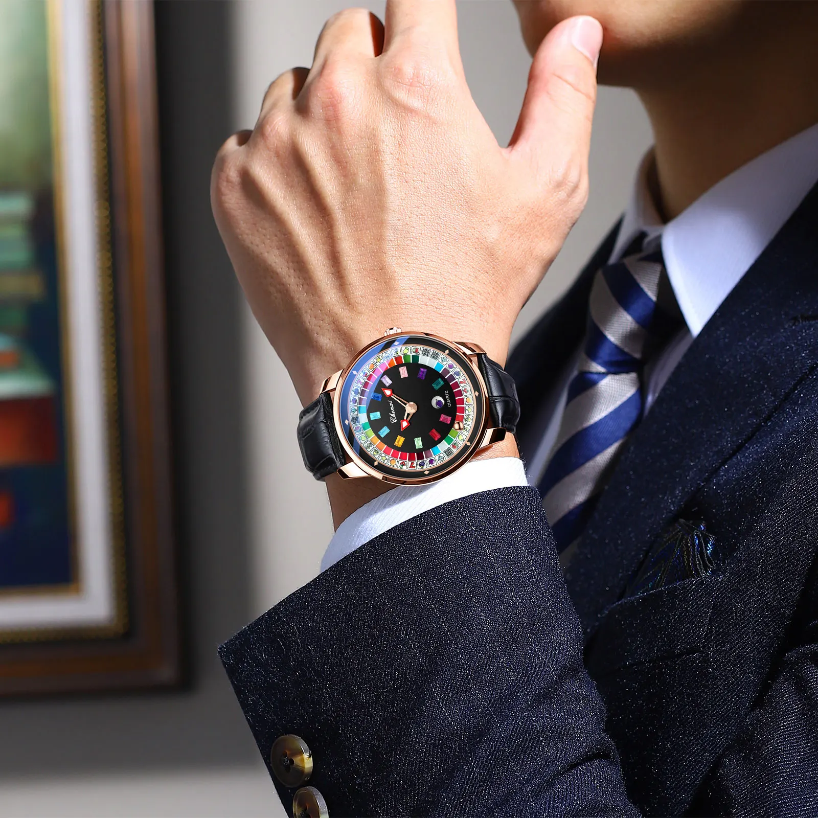 CHENXI Hot Sale 6362 New Colorful Fruit Diamonds Rotating Dial Quartz Watch Comfortable Leather Strap Waterproof Watches for Men
