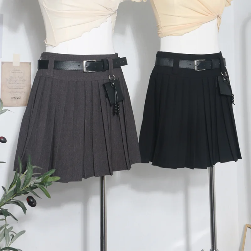 

Autumn New A-word Pleated Skirt High Waist Anti-light Skirt with Belt