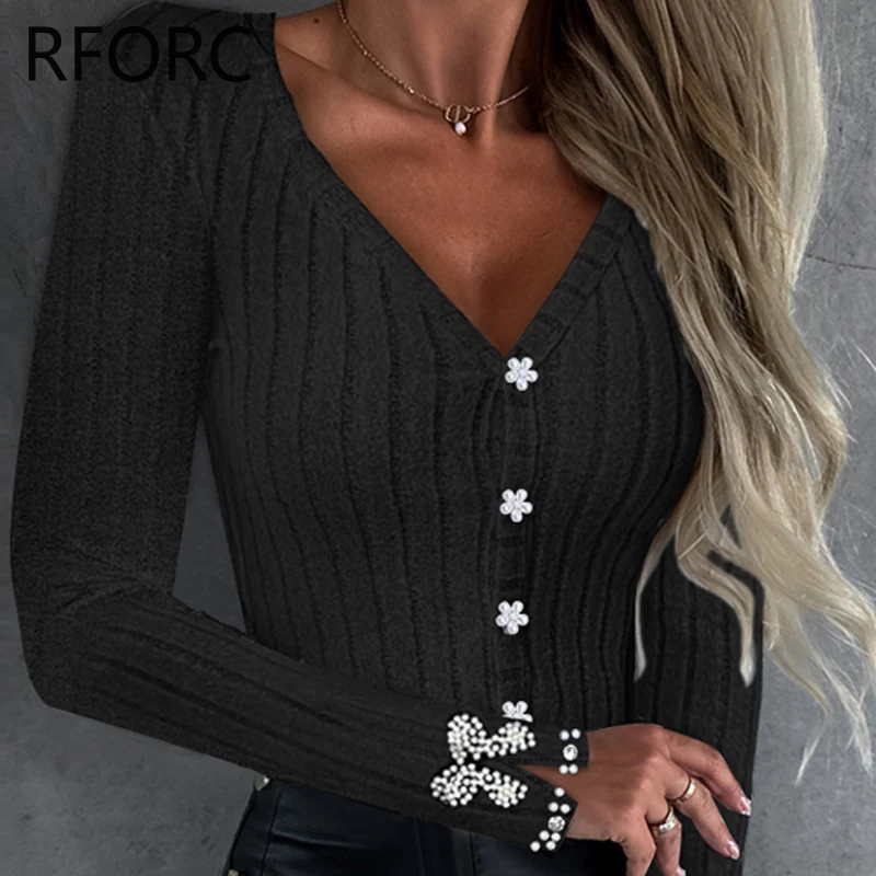 2024 Women Long Sleeves Beading Decoration Casual Basic Knitting Blouse Top