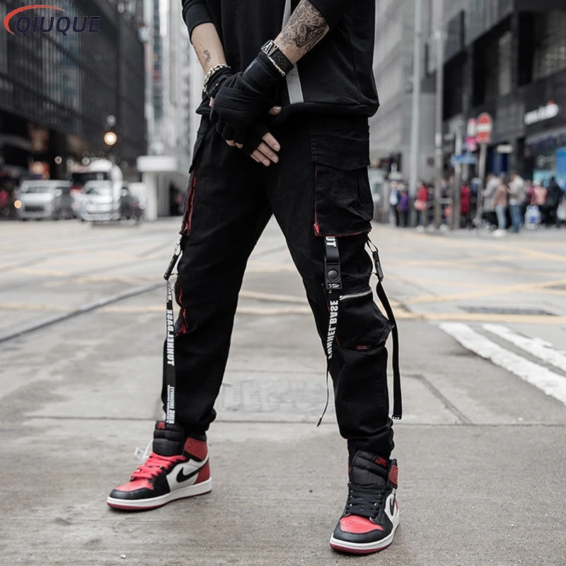 Celana kargo JOGGER pria, celana Harem pinggang elastis banyak saku, celana olahraga kasual Hip Hop Streetwear, celana pensil Techwear