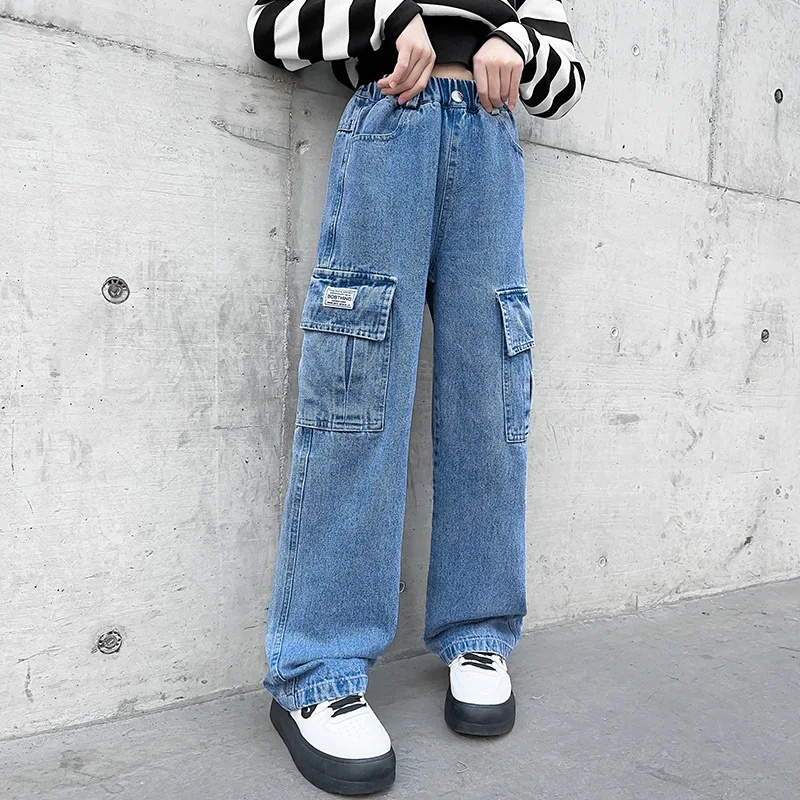 Fashion 2024 Cargo Jeans for Girls Spring Blue Pocket Hot Deals Teens Kids Cargo Pants Casual Straight School Children Trousers