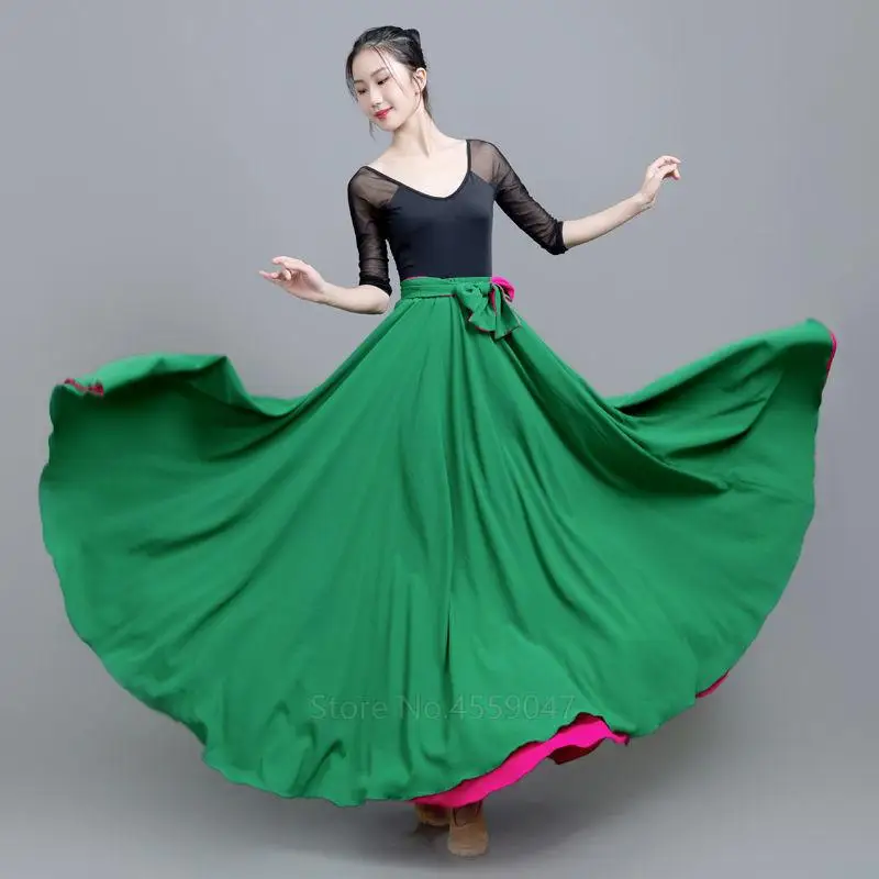 Women Spanish Flamenco Skirt Dance Practice Wear Two Colors On Both Sides Lacing Long Big Swing Performance Gypsy Lady Belly