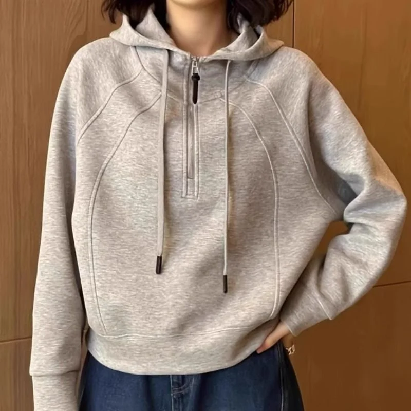 

Американская серая толстовка с капюшоном на полумолнии для женщин весной и осенью, новый тонкий свободный модный короткий топ
