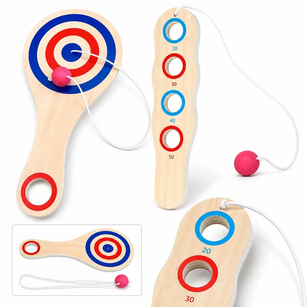 Wood Tether Ball Paddle Tethered Ball Elastic Cord Elastic Skill Ball Target Pattern Scoring Holes Wooden Coordination
