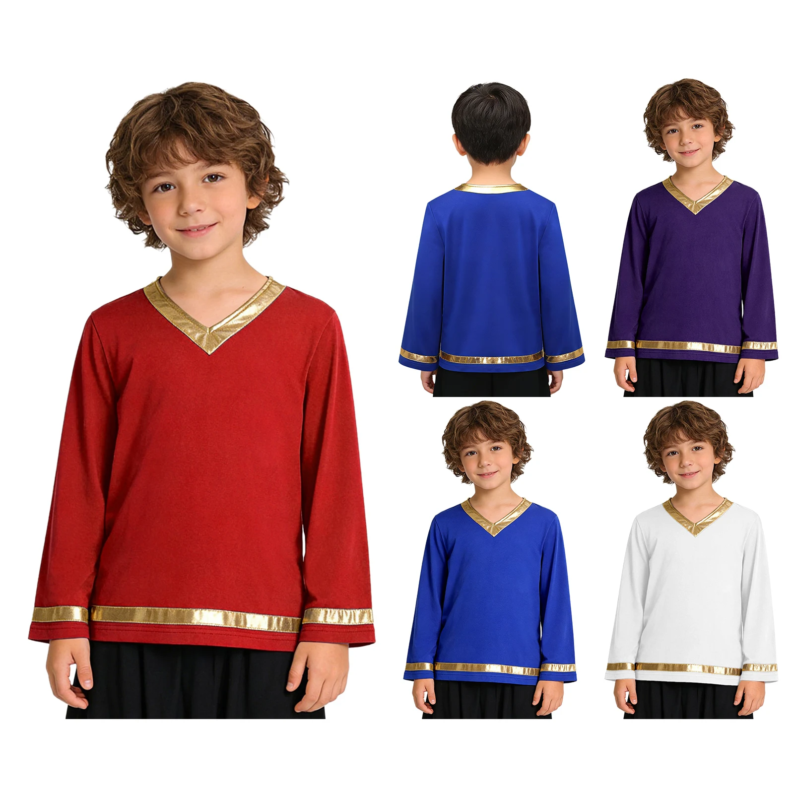 Boys Girls Church Choir Worship Costume Liturgical Praise Dance Tunic Pullover Tops V-neck Long Sleeve Metallic Patchwork Shirts