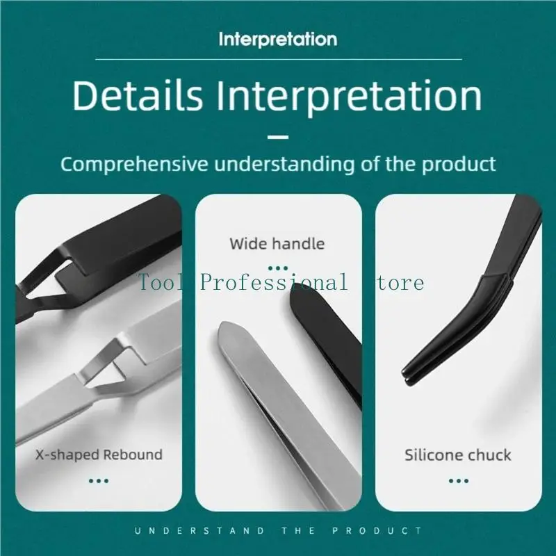 57QF 2Pcs Reverse Tweezers With Rubber Tip Flat Angled Tweezers Metal Sticker Tweezers for Repair Jewellery Accessories