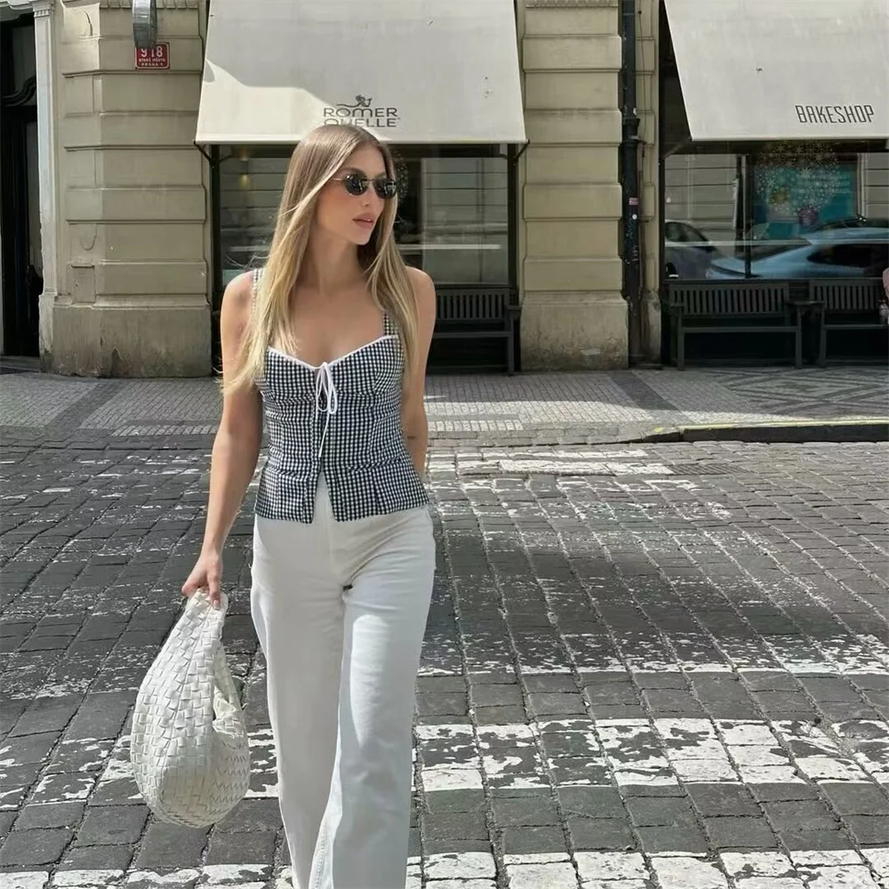 European And American Style 2024 Summer Women\'s New Fashionable And Casual Temperament Checkered Tight Fitting Suspender Top