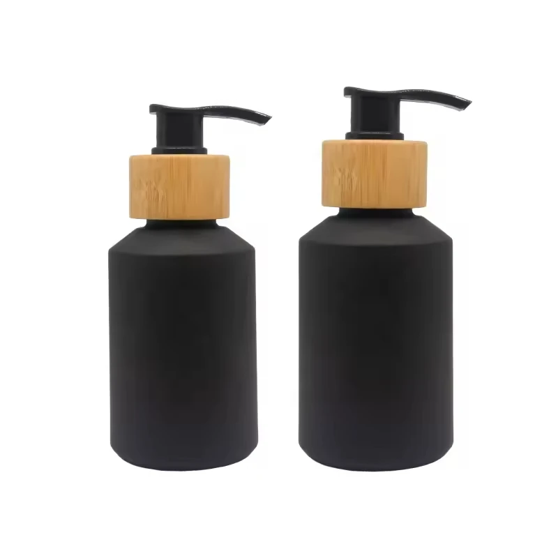 Mini garrafas portáteis de bomba de vidro fosco e transparente rosa/verde/preto/marrom/vermelho com capa de grão de bambu inclinação ombro portátil