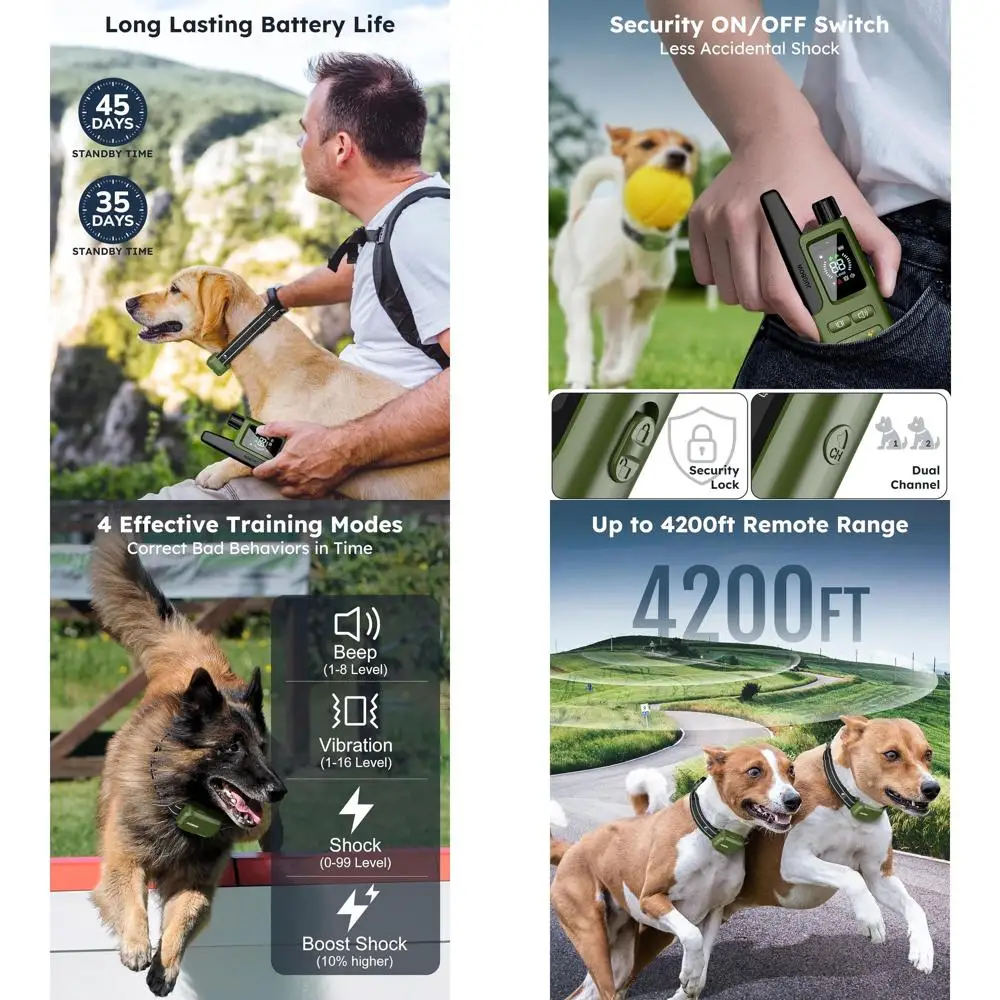 

Двойной ошейник для дрессировки собак: пульт дистанционного управления, 4200 футов, водонепроницаемый, 4 режима, 10–120 фунтов, рейтинг IPX7.