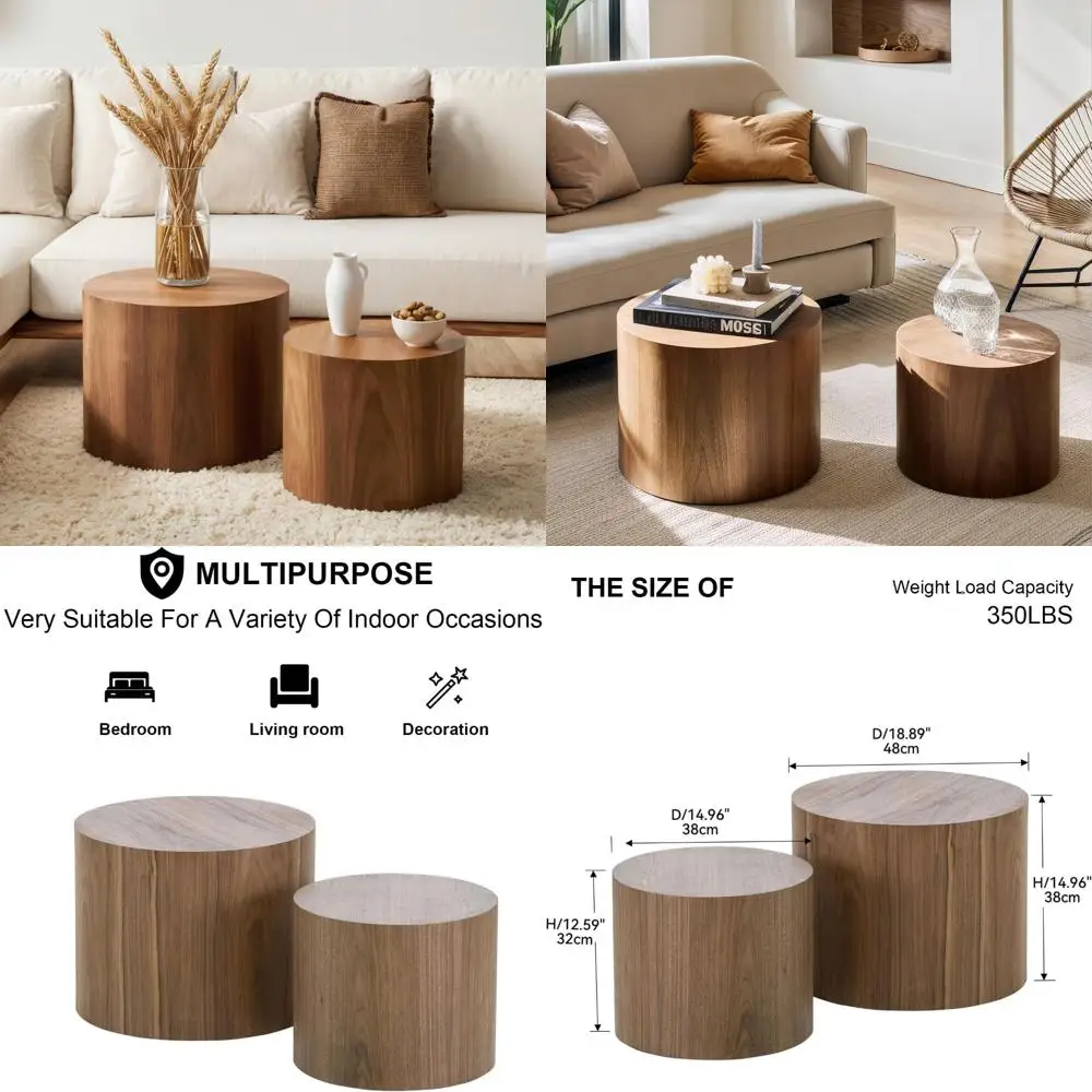 

Pair of Modern Walnut Round Coffee Tables with Anti-Slip Bases for Compact Spaces