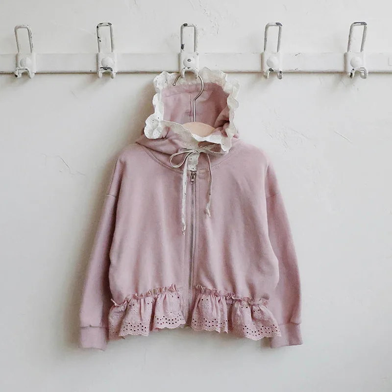 

Толстовка с капюшоном для девочек в корейском стиле, весенне-осенняя модная короткая куртка с рюшами и длинными рукавами, милый цветочный кружевной дизайн, верхняя одежда