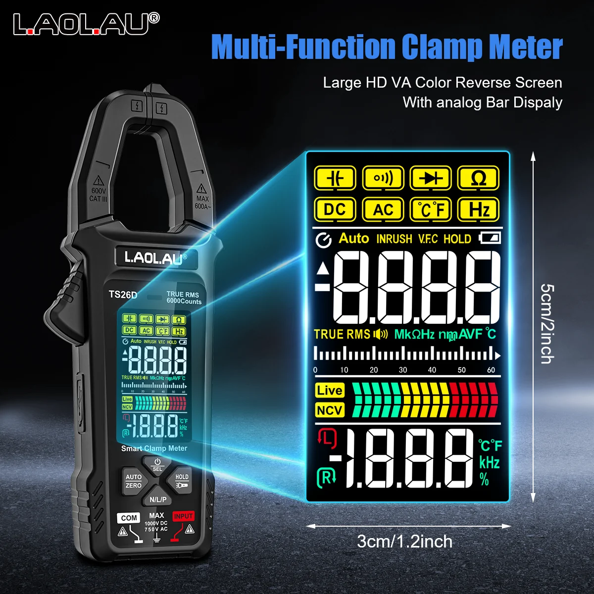 LAOLAU Digitales Zangenmultimeter, Phasenfolge, automatische Reichweite, Farbbildschirm, wiederaufladbar, AC/DC-Strom, elektrischer Tester TS26A TS26D – Detail 10