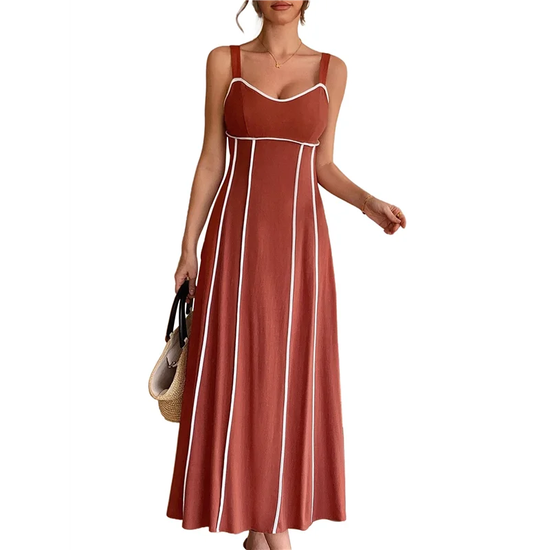 ABRT-Vestido maxi listrado feminino com alça espaguete e corte longo e fluido