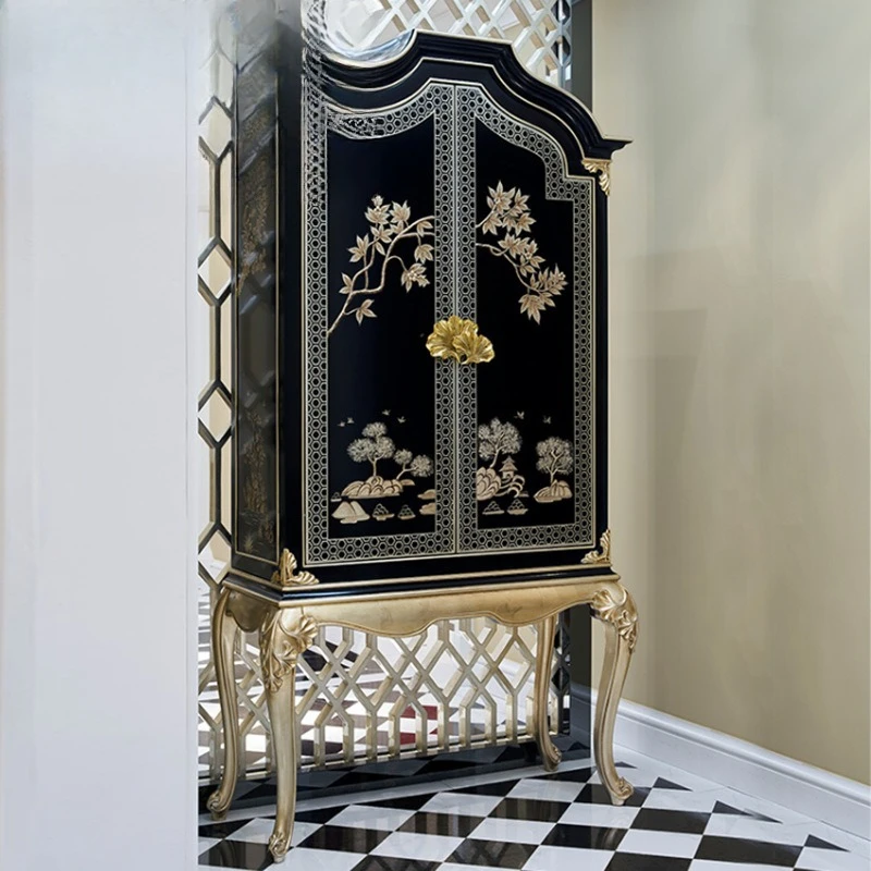 

French neoclassical mahogany hand-painted two-door wine cabinet European engraved furniture