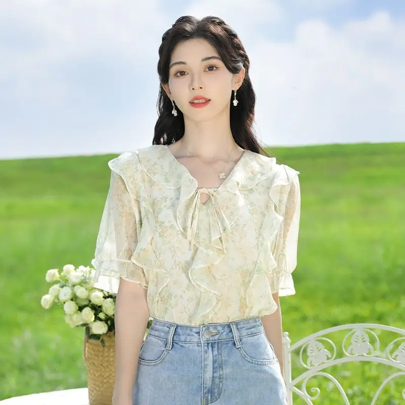 

Korea Summer New Commuter Women'S Clothing Simplicity Print Fashion Drawstring V-Neck Short Sleeve Temperament Pullover Shirt