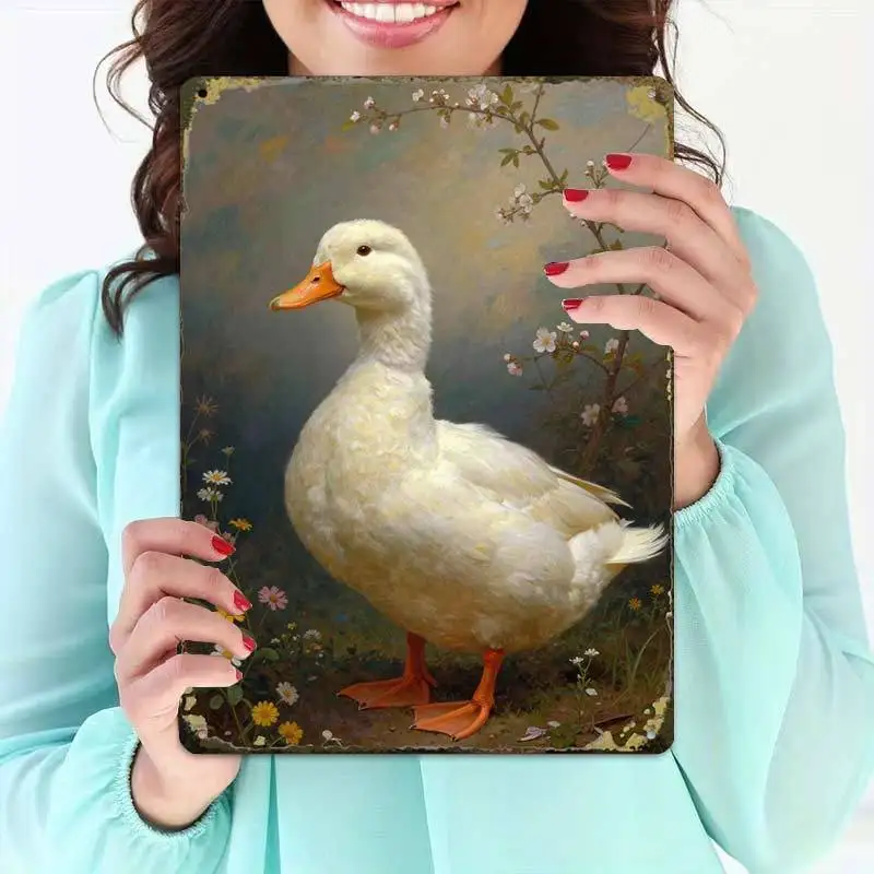 2D Flat, 2D-Flat,1pcElegant White Duck Art Print,Creative Tin Sign Garage Decoration, Bold Lettering, Highquality Print, Home De