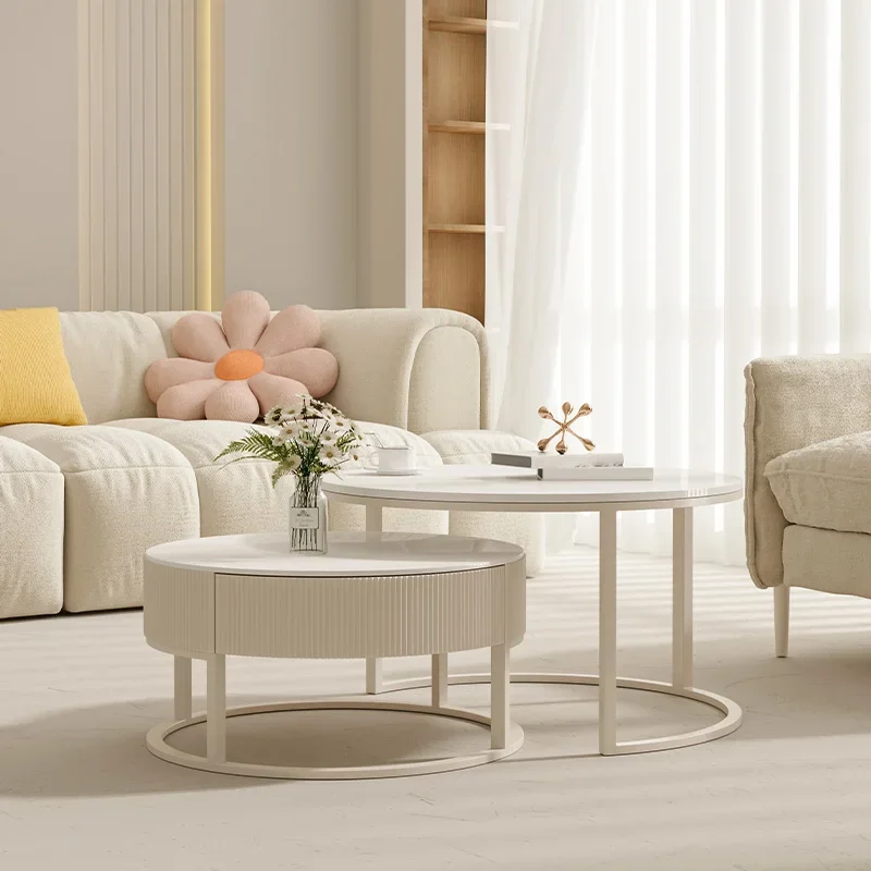 

Cream wind light luxury Internet celebrity rock slab coffee table living room household simple modern small table round