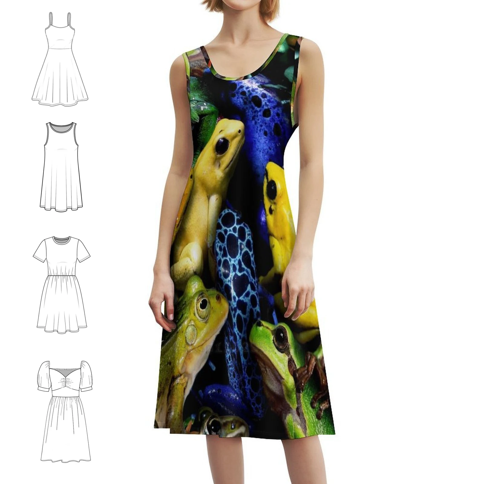 الضفادع المرأة الشارع الشهير فستان الحفلات العصرية طباعة نادي الملابس للإناث الضفادع الضفدع الضفدع الضفدع العلجوم الملابس النسائية البرمائية