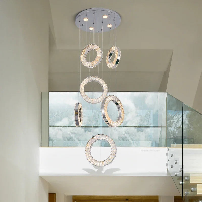 Luxury Modern LED Chandelier Crystal Light Fixture for Living Room Long Staircase Ring Large Home Decor Indoor Lighting