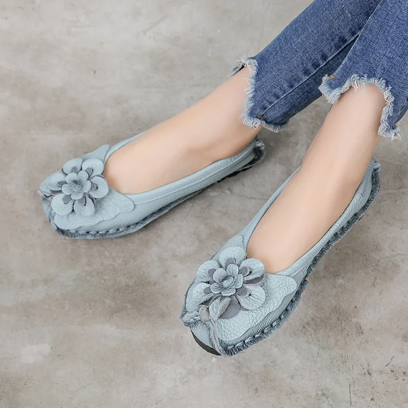 Vintage Handmade Folk Style Women Casual Shallow Shoes Genuine Leather Lady Soft Bottom Flats for Mother Fashion Loafers Summer