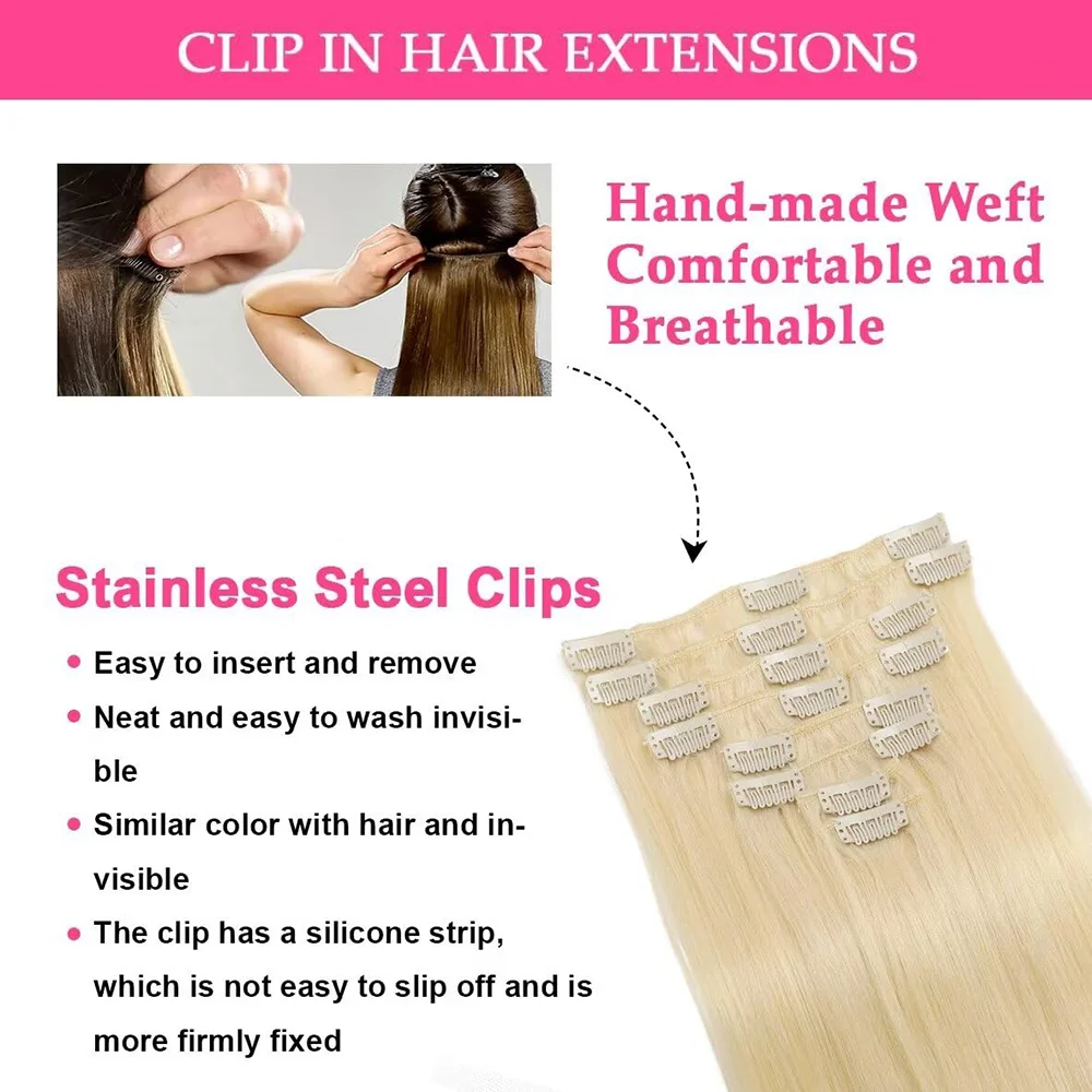 Straight Clip In Hair Extension Human Hair Blonde Color #613 Brazilian 100% Real Human Hair Extensions 16 To 26 Inches For Woman